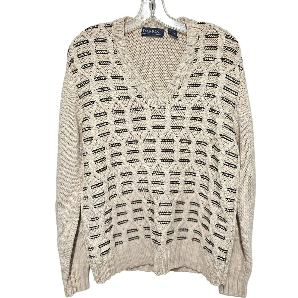 Damon Mens Large Wool Silk Blend Sweater VTG 3D Knit Fisherman Neutral Preppy